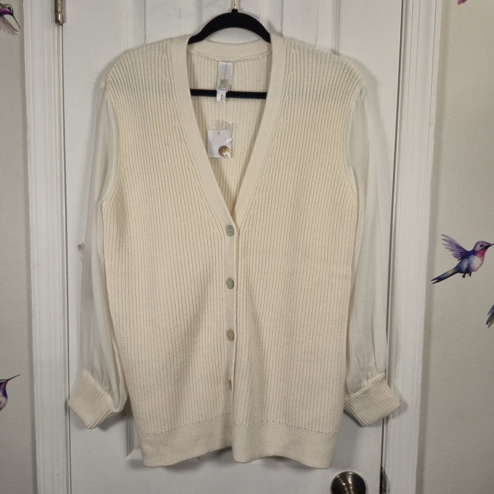 NWT WynneLayers Cream Mixed Media Ribbed Knit Cardigan Sweater Sheer Sleeves S